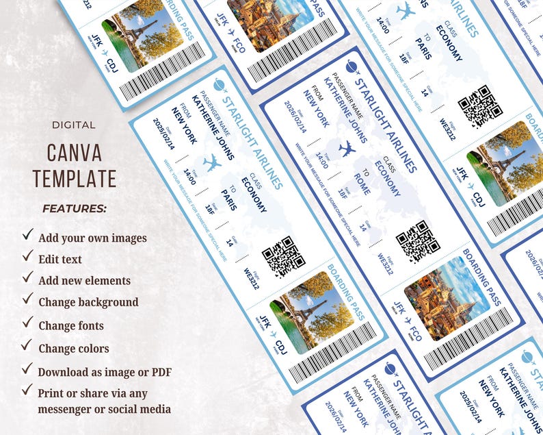 Editable Boarding Pass Canva Template, Printable Airplane Ticket ...