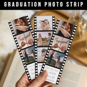 Könnte beinhalten: Drei vertikale Fotostreifen im Filmnegativ-Design mit Verlobungsfotos eines Paares. Jeder Streifen enthält den Text "Save the Date", ein Datum, Namen und ein Herzsymbol. Die Bilder zeigen ein Paar beim Umarmen und Händchenhalten.