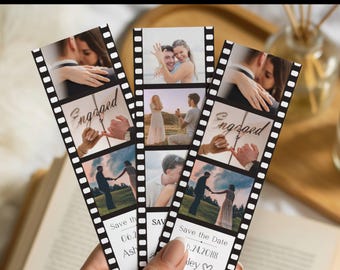 Save The Date Wedding Photo Invitation Template, Photo Booth Strip Bookmark, Engagement Party, She Said Yes, Digital Canva