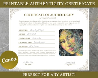Bearbeitbare Echtheitszertifikatvorlage für Originalkunstwerk, druckbarer einfacher Künstler COA, Canva, digitaler Download