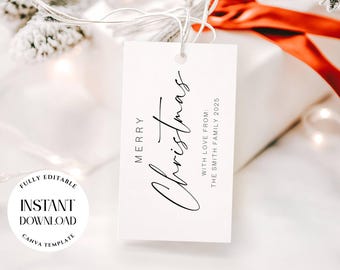 Bearbeitbare Vorlage für ein Weihnachtsgeschenkanhänger, minimalistische Weihnachts-Dankeskarte, Gastgeschenkkarte in Schreibschrift, Canva-Vorlage