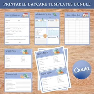 Formularios y documentos para guarderías, notas imprimibles para el maestro, informe diario de cuidado infantil, contrato de inscripción