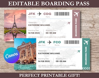 Editable Boarding Pass Canva Template, Printable Airplane Ticket, Digital Surprise Trip Valentines Gift