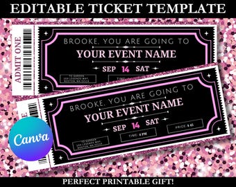 Editable Pink Surprise Event Ticket Template, DIY Concert Kids, Printable Teen Birthday Voucher Gift, Canva Download