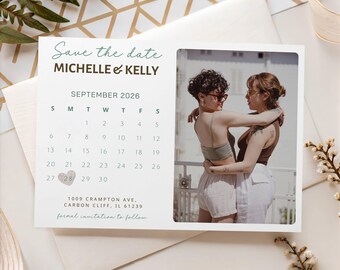 Save The Date Photo Calendar Template, Minimalist Editable Modern Engagement Wedding LGBTQ+ Invitation, Canva