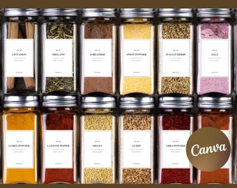 Bearbeitbare Speisekammer Organisation Gewürze Etiketten Vorlage, DIY Küche Etiketten Gläser Kräuter Trocken Getreide Tee Kaffee, Aufkleber erstellen, Canva