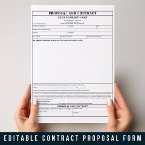 以下が含まれることがあります： 「PROPOSAL AND CONTRACT」と「YOUR COMPANY NAME」のテキストが入った白い契約提案フォーム。フォームには、受取人、住所、日付のフィールドが含まれています。フォームの下部には「EDITABLE CONTRACT PROPOSAL FORM」と書かれています。