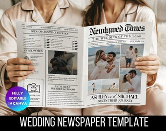印刷可能な結婚式新聞写真テンプレート、DIY結婚発表プログラム、編集可能な新婚旅行記、ニュースレター日程表