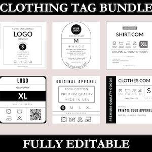 Paquete de etiquetas de marca con logotipos de ropa personalizados y editables, etiquetas para cuello de camiseta, iconos PNG para el cuidado de prendas, instrucciones de lavado, plantilla de Canva
