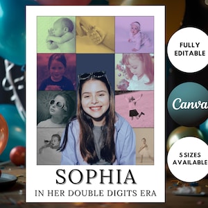 May include: A personalized photo collage featuring a young woman, with a grid of images from infancy to the present. The text reads "SOPHIA IN HER DOUBLE DIGITS ERA". Includes the text "FULLY EDITABLE", "Canva", and "5 SIZES AVAILABLE".