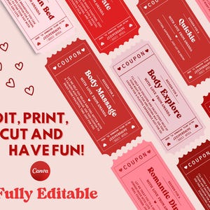 May include: A collection of red and pink coupon cards with various romantic themes, such as "Body Massage" and "Romantic Dinner." The cards feature the text "With Love From Amanda" and are fully editable.