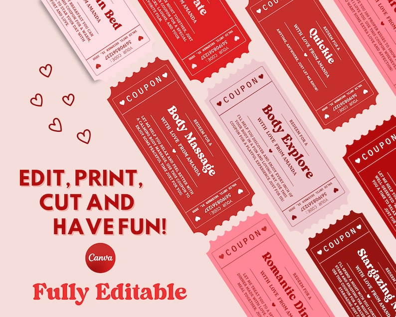 May include: A collection of red and pink coupon cards with various romantic themes, such as "Body Massage" and "Romantic Dinner." The cards feature the text "With Love From Amanda" and are fully editable.