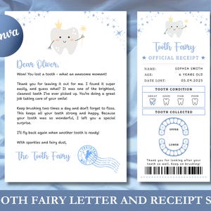 May include: A Tooth Fairy letter and receipt set. The letter is addressed to Oliver and the receipt is for Sophia Smith, age 6. Both feature a cartoon tooth illustration and text in light blue.