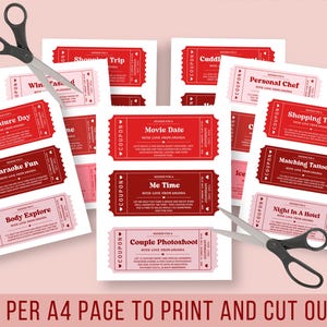 May include: A collection of printable coupons in red and pink, with various activity themes like "Movie Date" and "Shopping Trip." Scissors are placed near the coupons, suggesting they are meant to be cut out. Text at the bottom reads "3 PER A4 PAGE TO PRINT AND CUT OUT."
