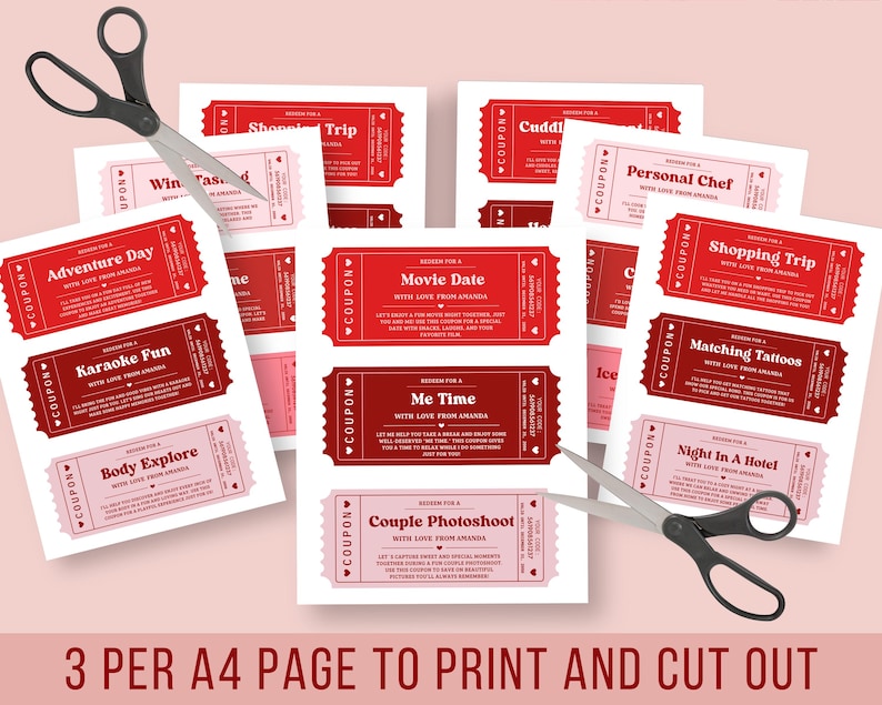 May include: A collection of printable coupons in red and pink, with various activity themes like "Movie Date" and "Shopping Trip." Scissors are placed near the coupons, suggesting they are meant to be cut out. Text at the bottom reads "3 PER A4 PAGE TO PRINT AND CUT OUT."
