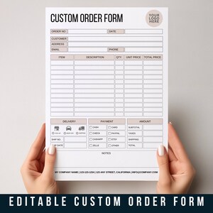 May include: A custom order form with fields for customer details, item descriptions, and payment methods. The form includes sections for order number, date, and contact details. The form is white with a beige header and footer.