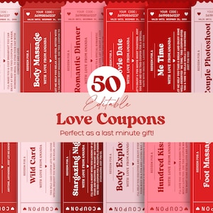 Può includere: Una collezione di 50 coupon d'amore modificabili in rosso e rosa, con esperienze riscattabili come "Colazione a letto" e "Serata al cinema". Ogni coupon presenta un codice univoco ed è pensato come un regalo dell'ultimo minuto.