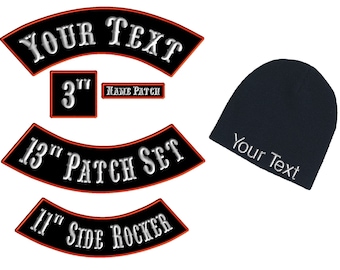 Custom Embroidered Motorcycle Patch Set: Rockers, Banners & Knit Cap