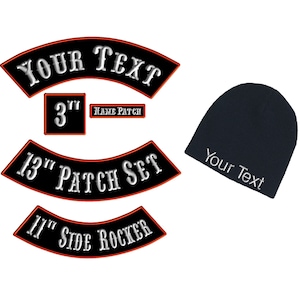 6 Piece Custom Embroidered Motorcycle Patches * Rockers * Banners * for Jackets or MC Biker Vest / Cuts * Iron On Name Patches & Knit Cap
