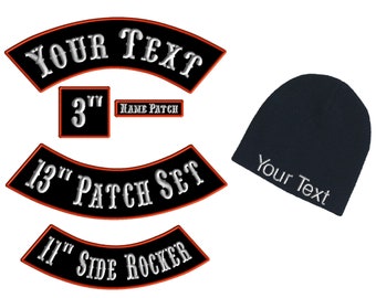 Custom Embroidered Biker Patch Set with Knit Beanie - 6 Piece Iron/Sew On