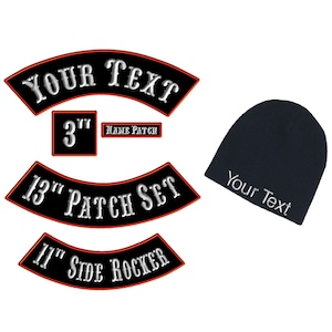 6 Piece Custom Embroidered Biker Patch Set with Knit Beanie Cap , Iron on / Sew on 13&quot; Rocker set