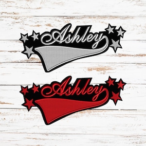 May include: Two embroidered patches with the name "Ashley" in a script font. One patch is black with silver and gray accents, the other is black with red accents. Both have star embellishments.
