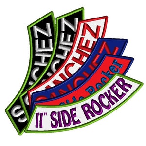 May include: Five embroidered patches with the word "SANCHEZ" in different colors and fonts. The bottom patch is green and white with the text "11' SIDE ROCKER" in purple.