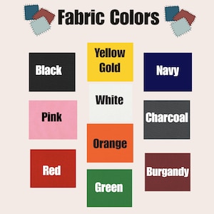 Puede incluir: Una imagen que muestra una carta de colores etiquetada como "Fabric Colors". La carta presenta nueve muestras de color: negro, amarillo dorado, azul marino, rosa, blanco, carb&oacute;n, rojo, naranja, verde y burdeos. Cada muestra tiene el nombre del color en texto blanco.