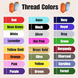 Puede incluir: Un gr&aacute;fico de colores titulado "Thread Colors" muestra una variedad de colores de hilo, incluyendo rojo, aguamarina, azul marino, verde ne&oacute;n, negro, real, blanco, plata, gris, lavanda, rosa intenso, verde, oro amarillo, oro lat&oacute;n, borgo&ntilde;a, naranja, oliva, carb&oacute;n, rosa, amarillo, carolina, p&uacute;rpura, marr&oacute;n y bosque.