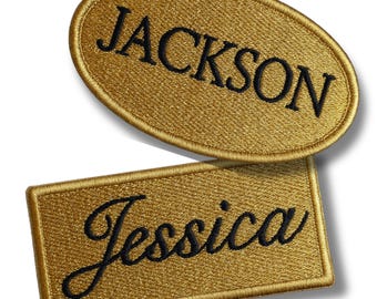 Iron on Name Patches for Jackets * Embroidered Gold Name Tags * Oval or Rectangle