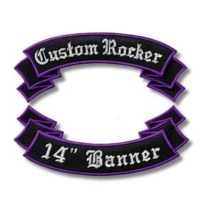 May include: Black and purple embroidered banner patches. The top banner reads "Custom Rocker" in white gothic lettering. The bottom banner reads "14" Banner" in white gothic lettering. The banner is 14 inches in length.