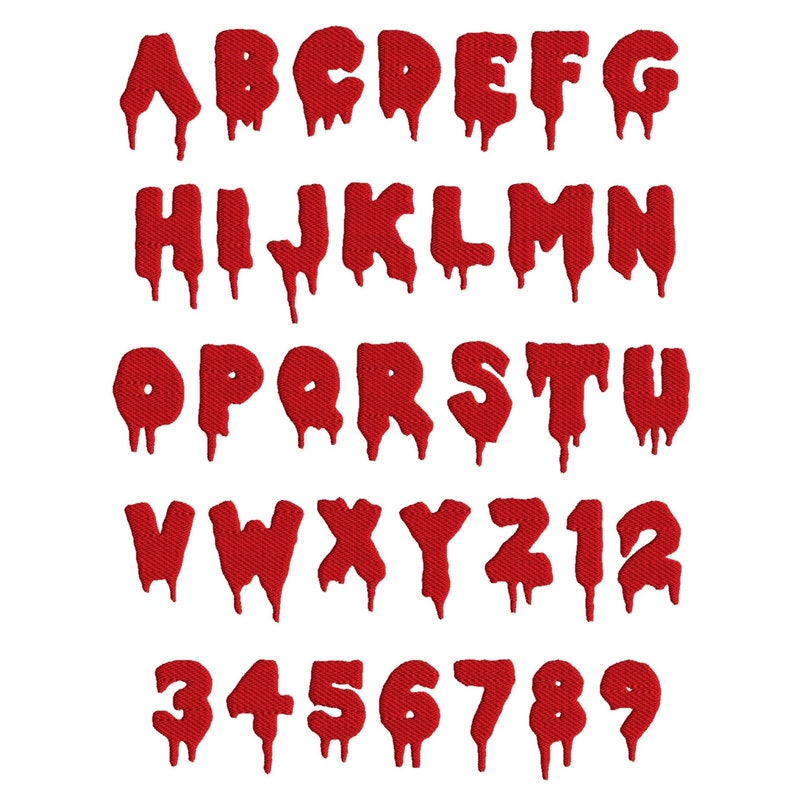 May include: A dripping blood-red font set with uppercase letters A through Z and numbers 1 through 9. The font is stylized to look like dripping blood.