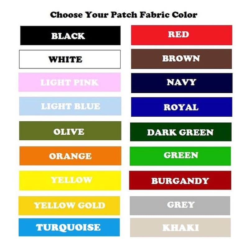 Puede incluir: Un gr&aacute;fico que muestra 12 colores de tela diferentes para parches. Los colores son: negro, blanco, rosa claro, azul claro, oliva, naranja, amarillo, amarillo dorado, turquesa, rojo, marr&oacute;n, azul marino, azul real, verde oscuro, verde, burdeos, gris y caqui.