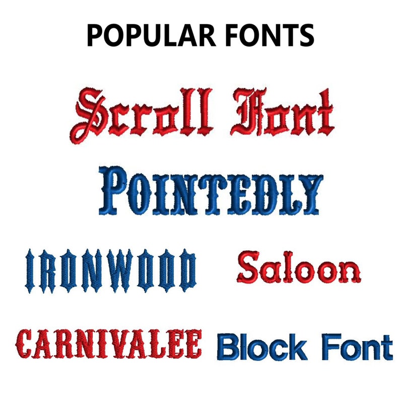 Puede incluir: Un gr&aacute;fico que muestra diferentes estilos de fuente en rojo y azul. El texto dice "Scroll Font", "Pointedly", "Ironwood", "Saloon", "Carnivalee" y "Block Font".