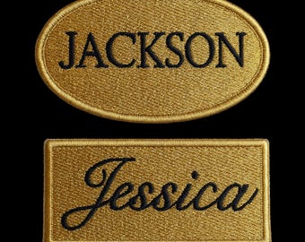 Embroidered Iron On Name Patch: Gold & Black Custom Jacket Tag
