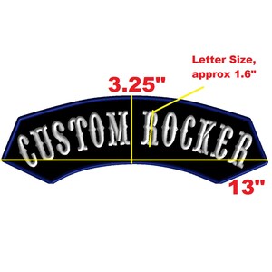 Puede incluir: Parche bordado en blanco y negro con el texto "CUSTOM ROCKER" en fuente blanca. El parche mide 3,25 pulgadas de ancho y 1,3 pulgadas de alto. Las letras tienen aproximadamente 1,6 pulgadas de alto.