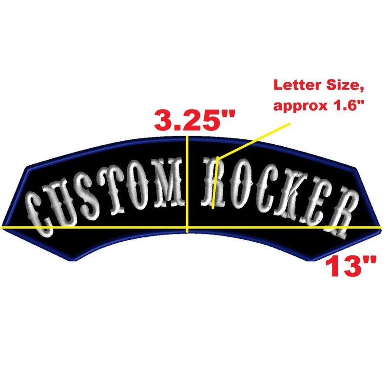 Puede incluir: Parche bordado en blanco y negro con el texto "CUSTOM ROCKER" en fuente blanca. El parche mide 3,25 pulgadas de ancho y 1,3 pulgadas de alto. Las letras tienen aproximadamente 1,6 pulgadas de alto.