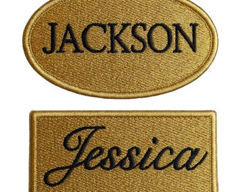 Custom Name Patch: Iron on Oval or Rectangle Gold Name Tag