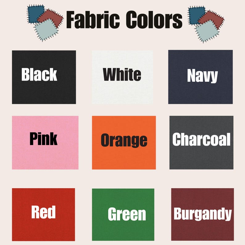 K&ouml;nnte beinhalten: Ein Farbmuster mit der Aufschrift "Fabric Colors". Die Grafik zeigt neun Stoffmuster in verschiedenen Farben: Schwarz, Wei&szlig;, Marineblau, Pink, Orange, Anthrazit, Rot, Gr&uuml;n und Burgunderrot. Dekorative, gen&auml;hte Patches befinden sich in den Ecken.