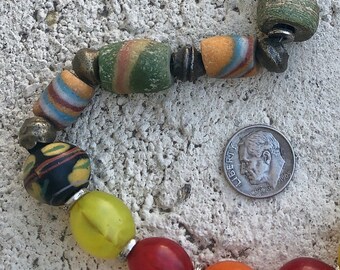 J65 African Trade bead necklace, Czech Pigeon egg beads, Fancy beads, sterling silver toggle