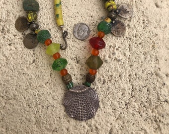 African Trade Bead Necklace, Czech Glass, Vaseline, Hebron, Bone