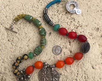J 73 African Trade bead necklace, Czech pigeon beads, Fancy beads, Sterling silver, dangles