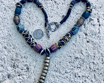 J51  African Trade bead necklace with black coral, bronze and mala dangle