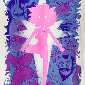 May include: A pink and purple illustration featuring a central figure with a star-like body, surrounded by various cartoonish characters. The artwork has a whimsical, fantasy theme, with a light blue and purple color palette.