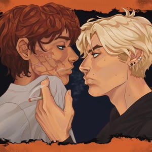 May include: A digital illustration featuring two individuals facing each other. One has curly brown hair and a textured, scarred cheek, holding a lit cigarette. The other has short, messy blonde hair, facial piercings, and wears a black top.