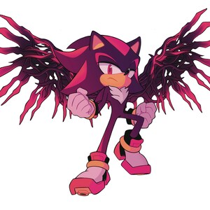 May include: Illustration of a character with a dark purple and red color scheme. The character has spiky hair, red eyes, and is wearing pink shoes. The character has large, wing-like structures extending from its back.