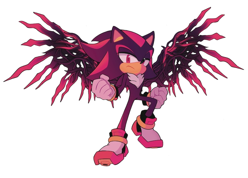 May include: Illustration of a character with a dark purple and red color scheme. The character has spiky hair, red eyes, and is wearing pink shoes. The character has large, wing-like structures extending from its back.