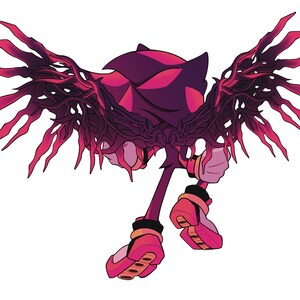 May include: Illustration of a dark purple hedgehog-like character with large, wing-like appendages. The character is in a dynamic pose, with a forward-leaning stance. The wings are a vibrant red, and the character's body is a deep purple.