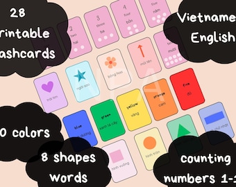 Vietnamese English Flashcards: Numbers, Shapes, Colors (Printable)