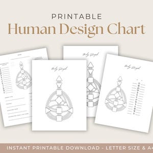 Könnte beinhalten: Druckbarer Human Design Chart in Schwarzweiß. Die Karte enthält ein Körperdiagramm mit neun Zentren und eine Liste von Toren. Die Karte ist für Letter-Format und A4-Papier ausgelegt.